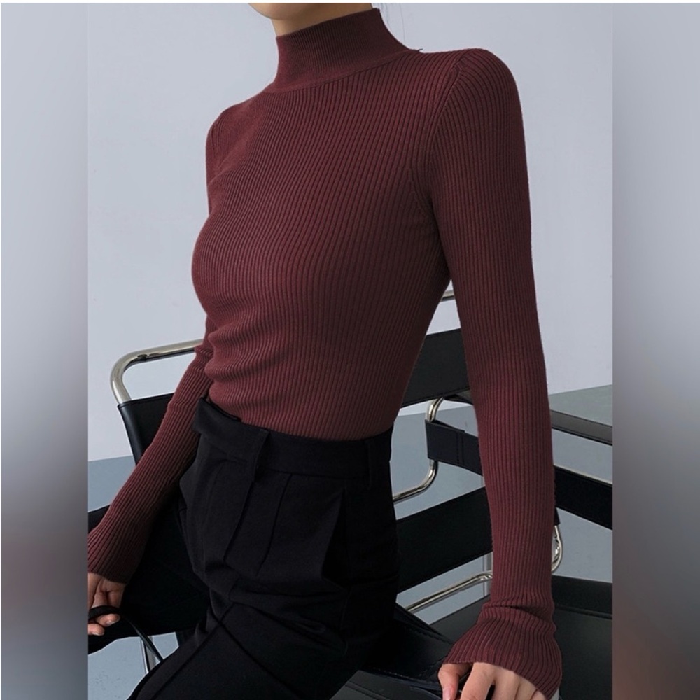 Commense - Mock Neck Rib Long Sleeve Knit Top